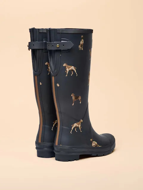Joules Navy Dog Print Tall Wellies - Adjustable, Waterproof Wellington Boots