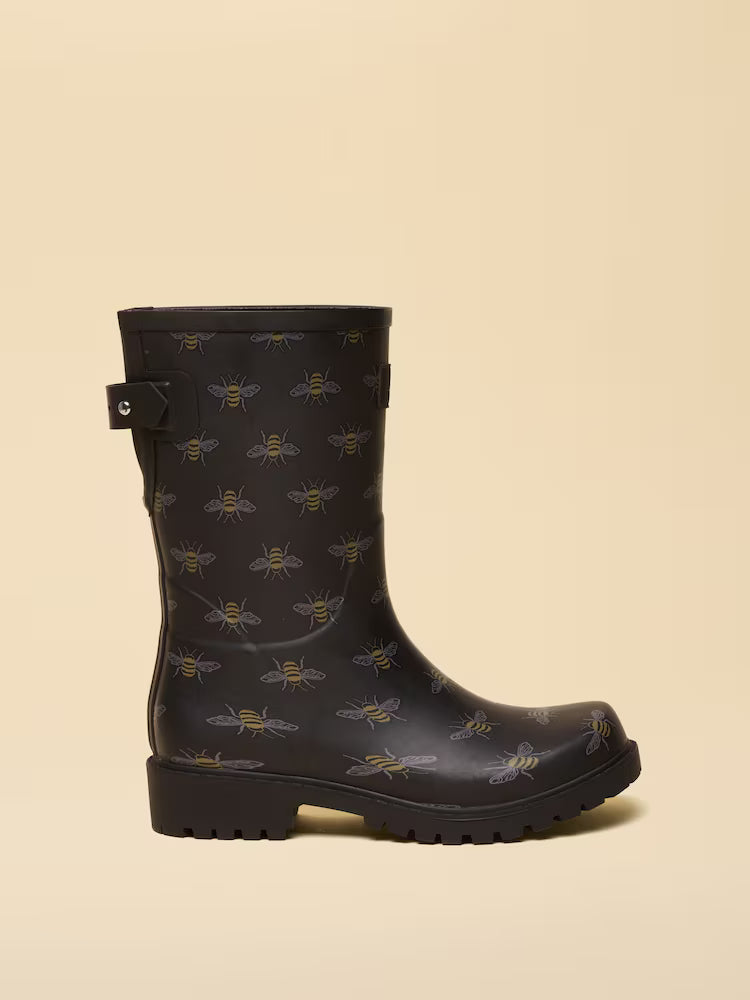 Joules Wistow Black/Gold Printed Adjustable Mid Calf Wellies