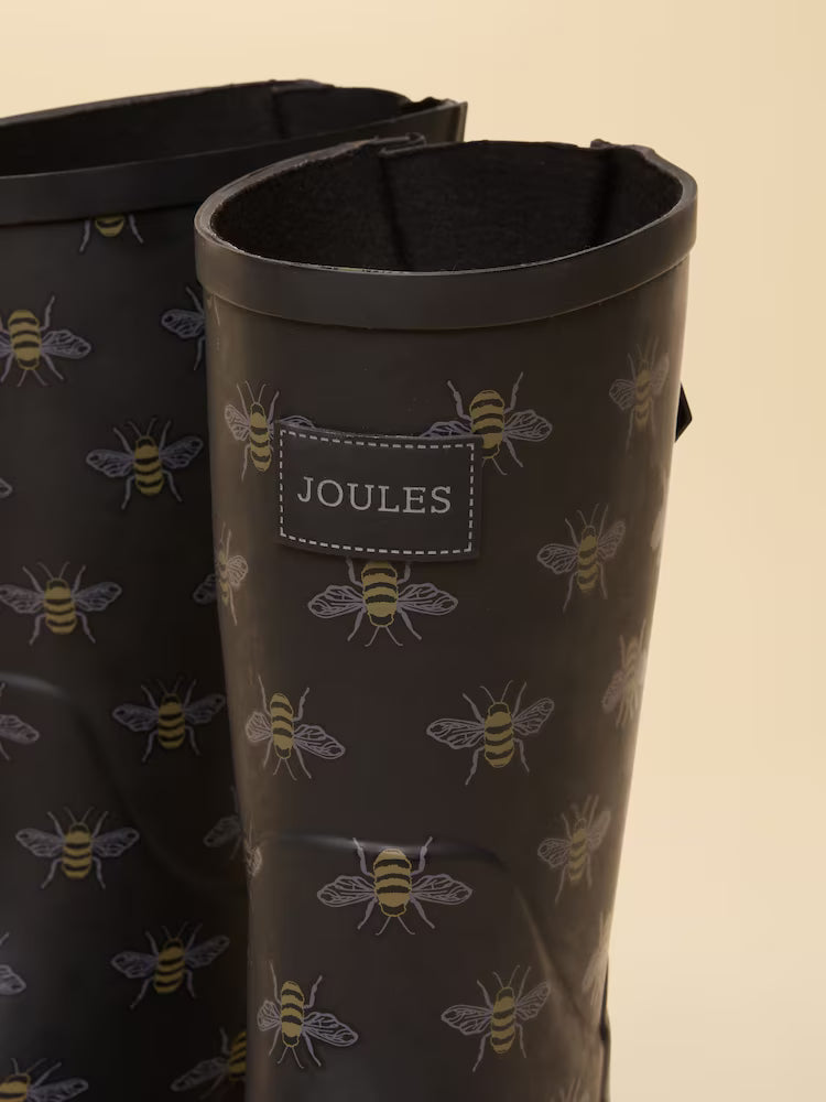 Joules Wistow Black/Gold Printed Adjustable Mid Calf Wellies