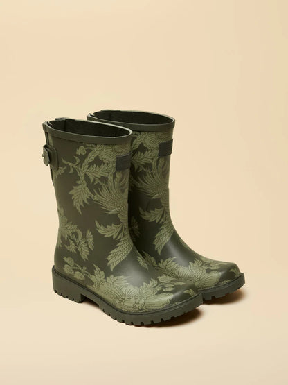 Joules Wistow Khaki Green Floral Wellies: Waterproof Mid-Calf Adjustable Wellington Boots for Women