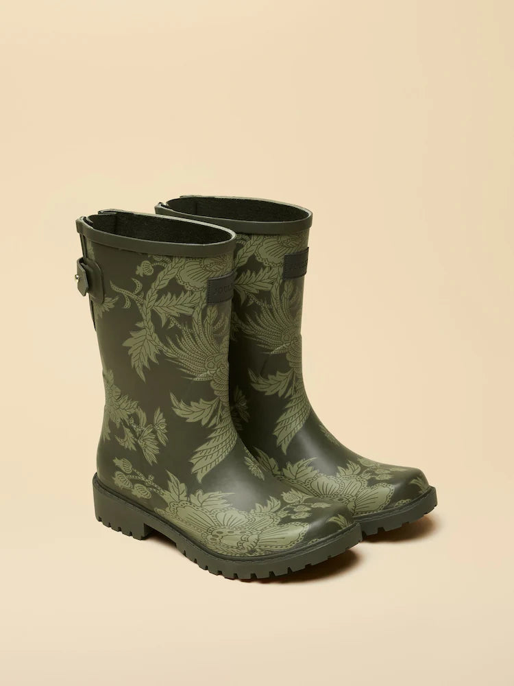Joules Wistow Khaki Green Floral Wellies: Waterproof Mid-Calf Adjustable Wellington Boots for Women