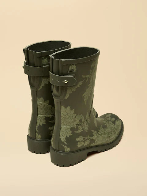 Joules Wistow Khaki Green Printed Adjustable Mid Calf Wellies | Waterproof Rubber Boots