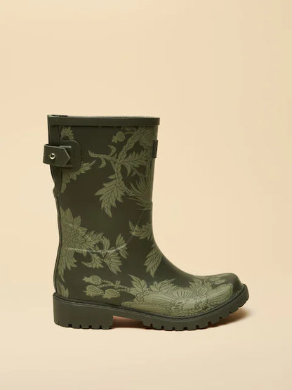 JOULES WISTOW Khaki Green Printed Adjustable Mid Calf Wellies - Waterproof Rain Boots with Floral Design