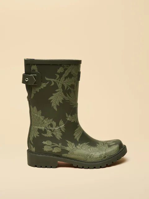 JOULES WISTOW Khaki Green Printed Adjustable Mid Calf Wellies - Waterproof Rain Boots with Floral Design