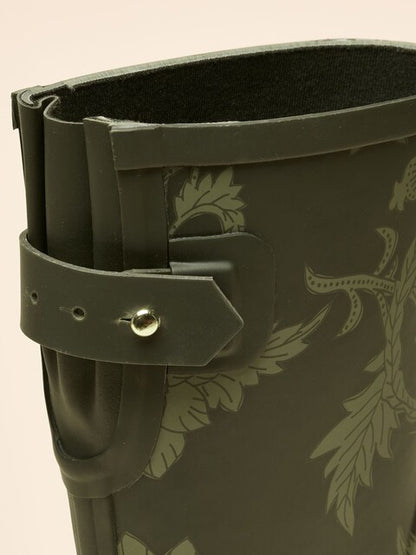 Joules Wistow Khaki Green Printed Adjustable Mid Calf Wellies - Floral Print, Buckle Detail - Waterproof Rain Boots