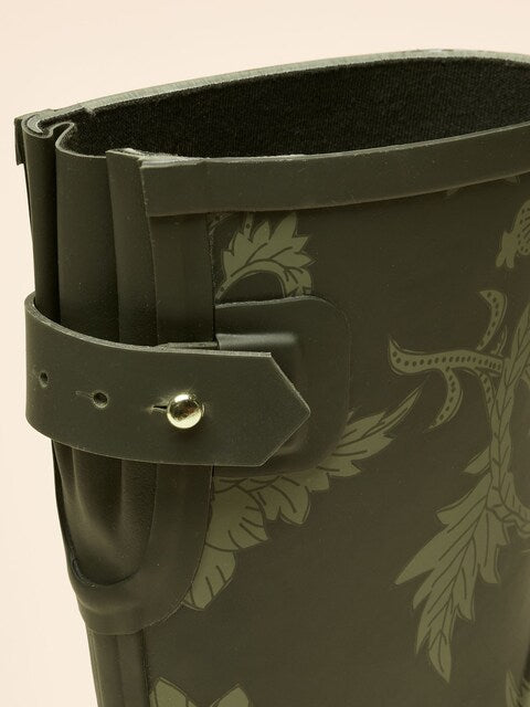 Joules Wistow Khaki Green Printed Adjustable Mid Calf Wellies - Floral Print, Buckle Detail - Waterproof Rain Boots