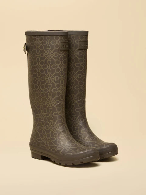 Joules Printed Brown Adjustable Tall Wellies - Waterproof Rubber Boots for Women
