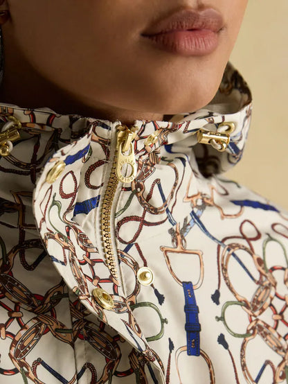 JOULES HOLKHAM Horse Tack Stone Waterproof Packable Raincoat Collar Close-up | Equestrian Style Jacket with Golden Zipper