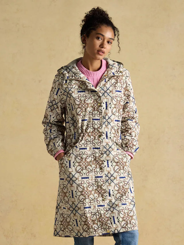 JOULES Holkham Horse Tack Stone Waterproof Packable Raincoat - Woman's Jacket with Equestrian Print