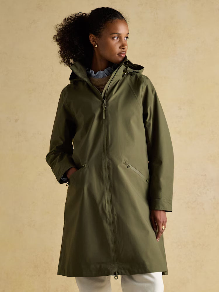 Joules Rainaway Khaki Green Lightweight Waterproof Longline Raincoat with Hood