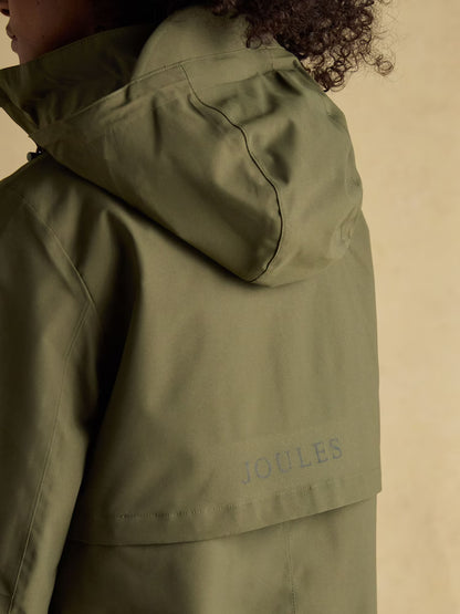 Joules Rainaway Khaki Green Lightweight Waterproof Longline Raincoat with Hood