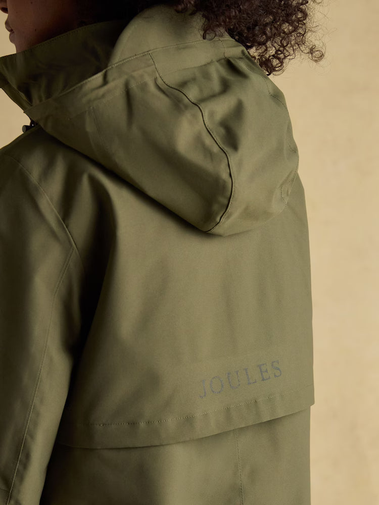 Joules Rainaway Khaki Green Lightweight Waterproof Longline Raincoat with Hood