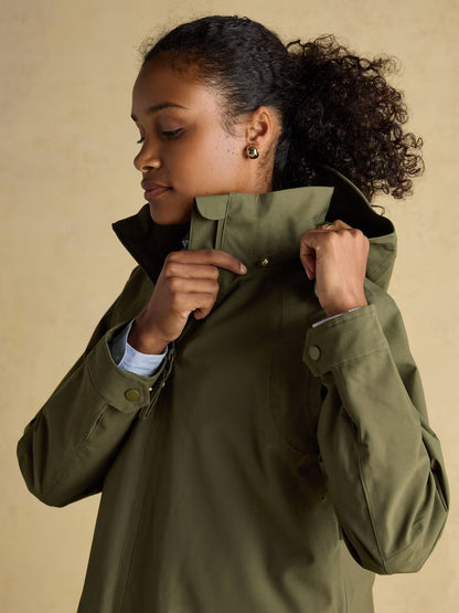 Joules Rainaway Khaki Green Lightweight Waterproof Longline Raincoat with Hood
