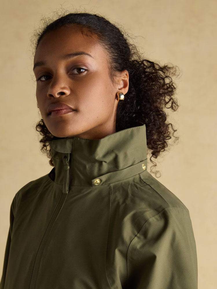 Joules Rainaway Khaki Green Lightweight Waterproof Longline Raincoat with Hood