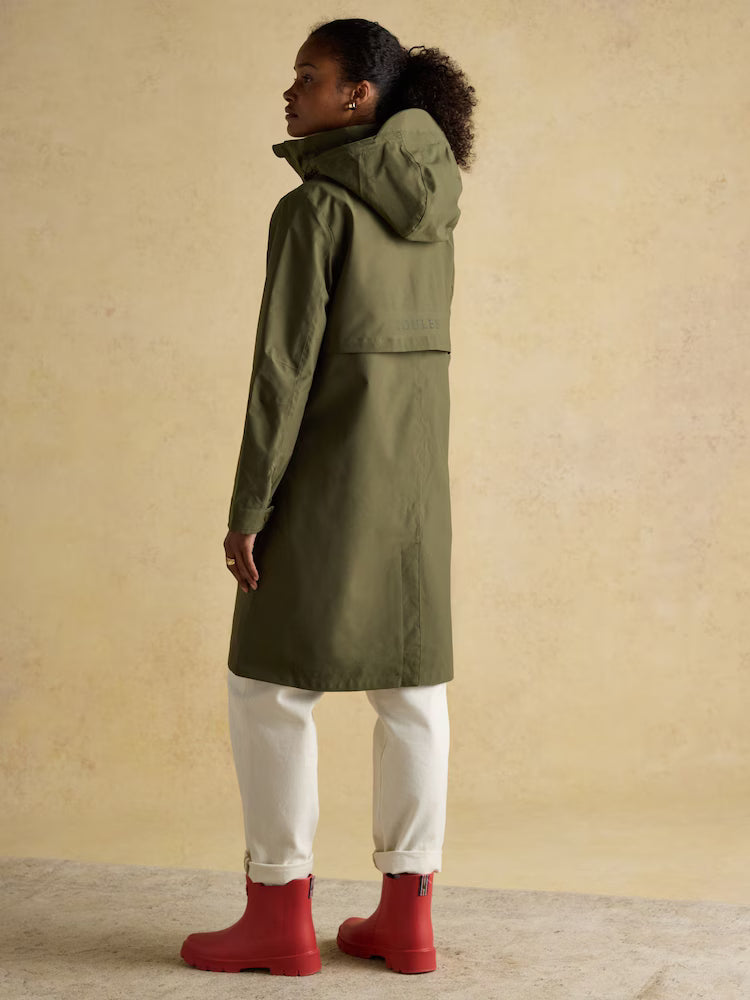 Joules Rainaway Khaki Green Lightweight Waterproof Longline Raincoat with Hood