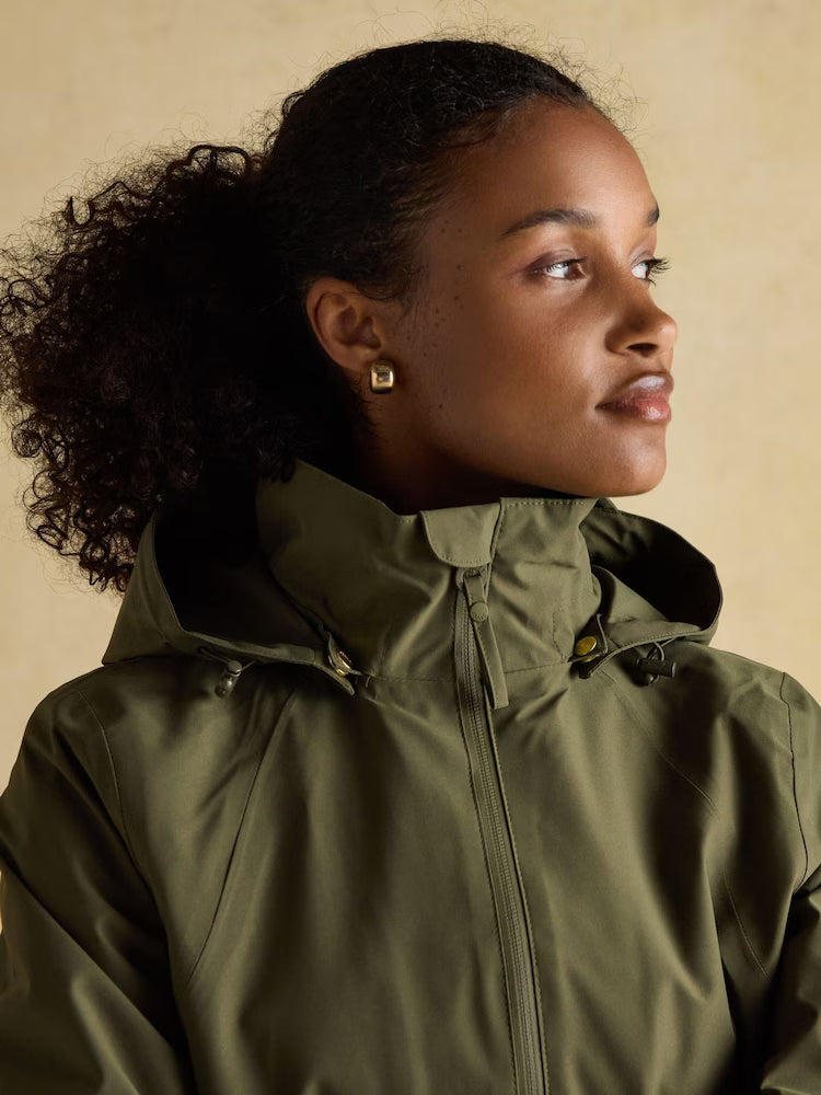 Joules Rainaway Khaki Green Lightweight Waterproof Longline Raincoat with Hood