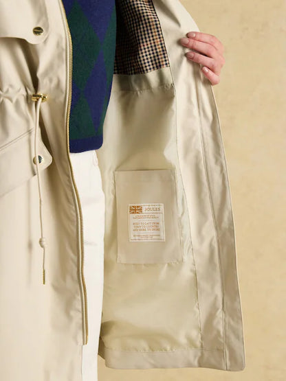 Joules Elbridge Waterproof Coat Neutral with hood, showing interior lining and pocket detail