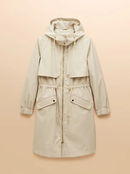 Joules Elbridge Neutral Waterproof Coat: Hooded, Recycled Polyester, Waist Adjuster, Long Sleeve, Waterproof Outerwear.