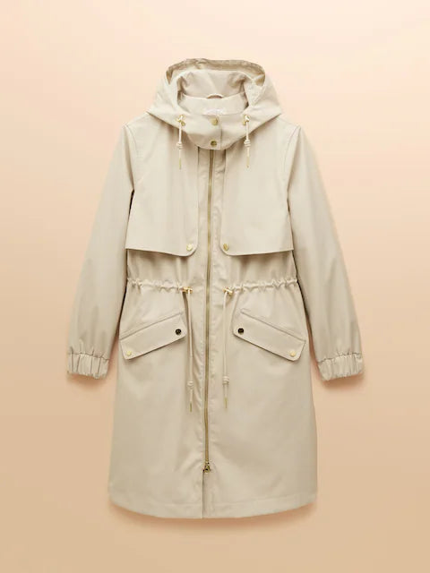 Joules Elbridge Neutral Waterproof Coat: Hooded, Recycled Polyester, Waist Adjuster, Long Sleeve, Waterproof Outerwear.