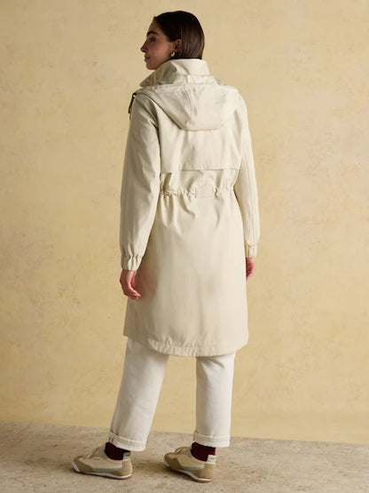 JOULES Elbridge Neutral Waterproof Hooded Coat: Recycled Polyester, Storm Flap, and Adjustable Waist for Women.