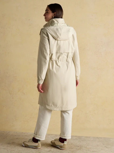 JOULES Elbridge Neutral Waterproof Hooded Coat: Recycled Polyester, Storm Flap, and Adjustable Waist for Women.