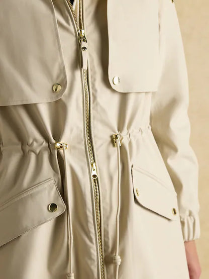 JOULES ELBRIDGE Neutral Waterproof Coat: Hooded, Zip Front, Adjustable Waist, Pockets