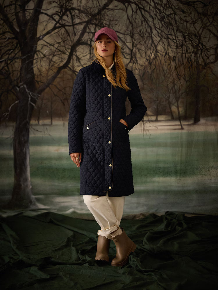 Joules Rosewell Navy Longline Diamond Quilted Showerproof Coat with Collar