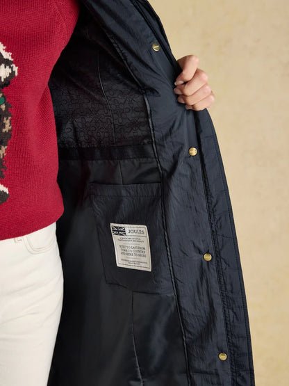 Joules Rosewell Navy Longline Diamond Quilted Showerproof Coat with Collar