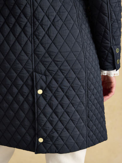 Joules Rosewell Navy Longline Diamond Quilted Showerproof Coat with Collar