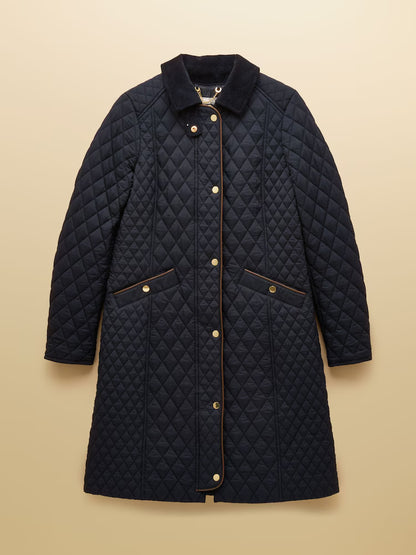 Joules Rosewell Navy Longline Diamond Quilted Showerproof Coat with Collar