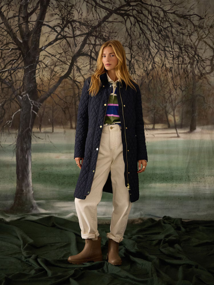 Joules Rosewell Navy Longline Diamond Quilted Showerproof Coat with Collar