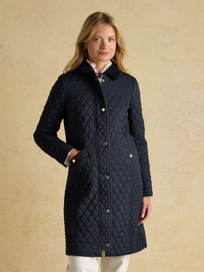 Joules Rosewell Navy Longline Diamond Quilted Showerproof Coat with Collar - Jackets & Coats Clothing Leisure Wear 8