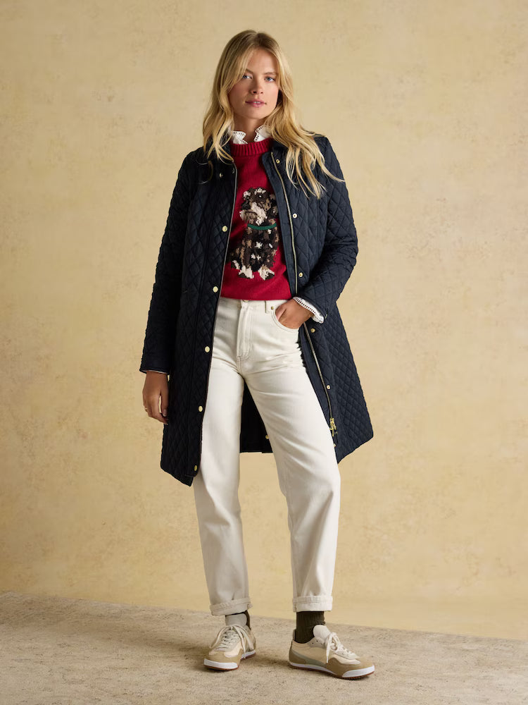 Joules Rosewell Navy Longline Diamond Quilted Showerproof Coat with Collar