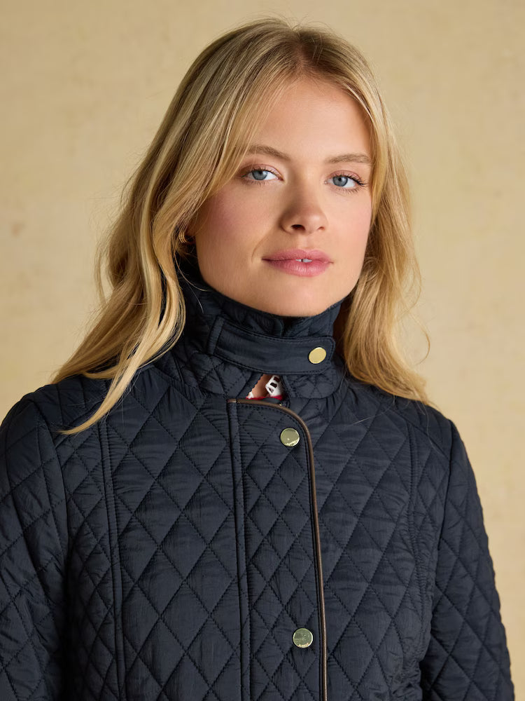 Joules Rosewell Navy Longline Diamond Quilted Showerproof Coat with Collar