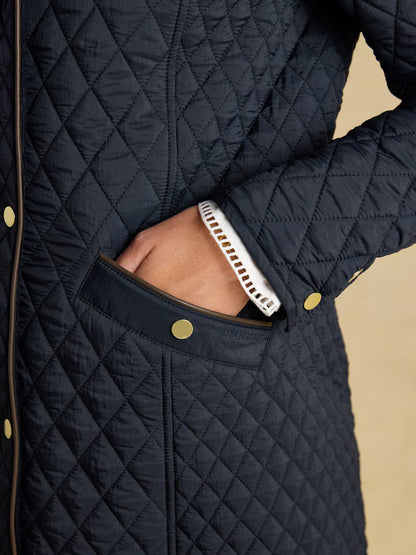 Joules Rosewell Navy Longline Diamond Quilted Showerproof Coat with Collar