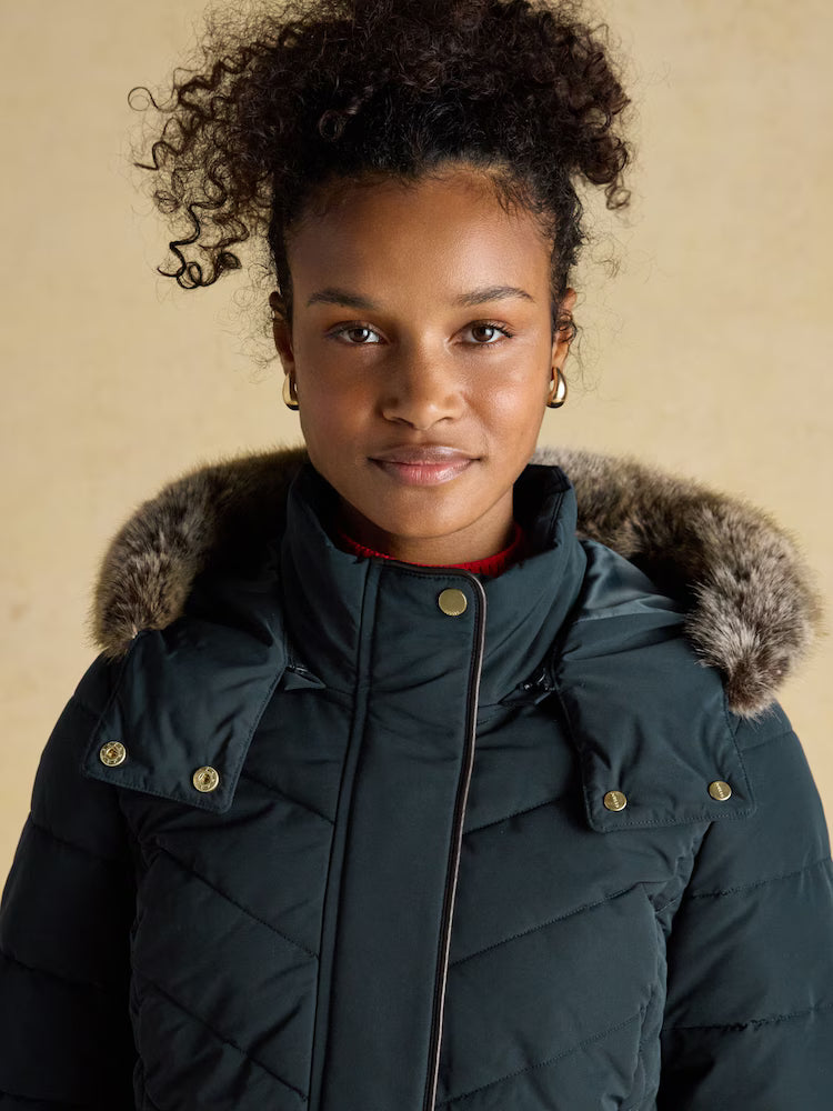 Joules Aspen Navy Showerproof Longline Padded Coat with Faux Fur Hood