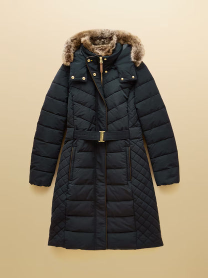 Joules Aspen Navy Showerproof Longline Padded Coat with Faux Fur Hood