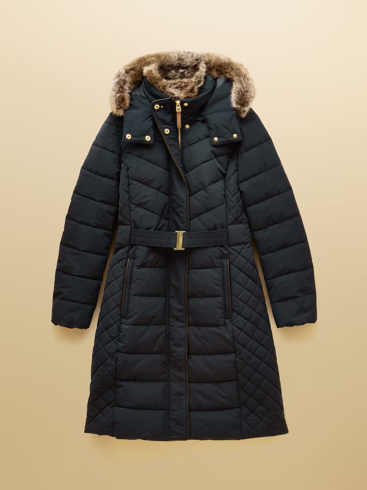 Joules Aspen Navy Showerproof Longline Padded Coat with Faux Fur Hood