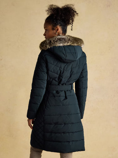 Joules Aspen Navy Showerproof Longline Padded Coat with Faux Fur Hood