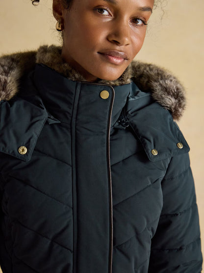 Joules Aspen Navy Showerproof Longline Padded Coat with Faux Fur Hood