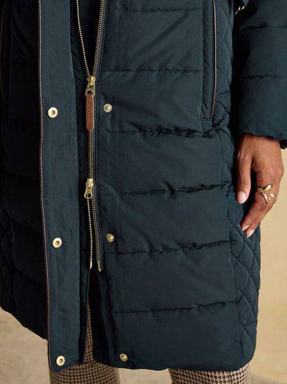 Joules Aspen Navy Showerproof Longline Padded Coat with Faux Fur Hood