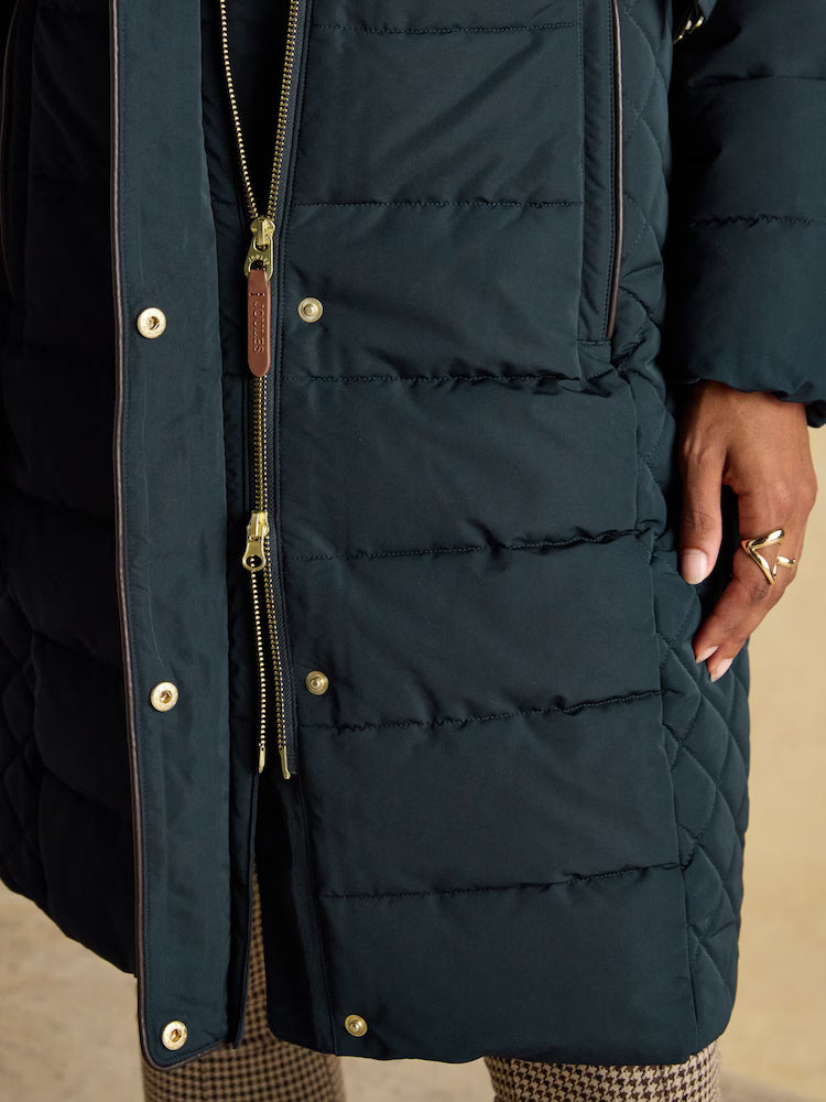 Joules Aspen Navy Showerproof Longline Padded Coat with Faux Fur Hood