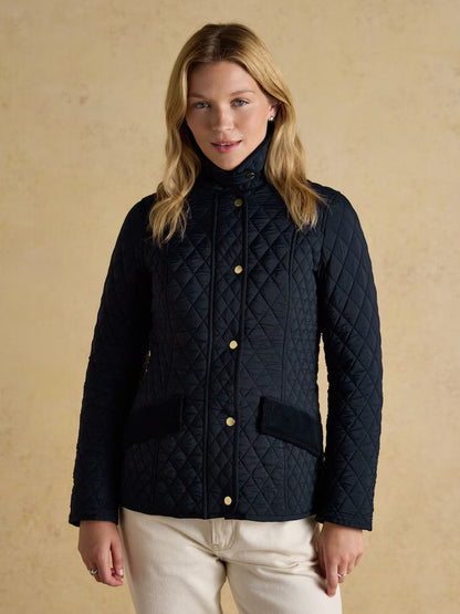 Joules Highclere Navy Quilted Showerproof Jacket: Stylish Women's Outerwear with Cord Collar and Floral Lining