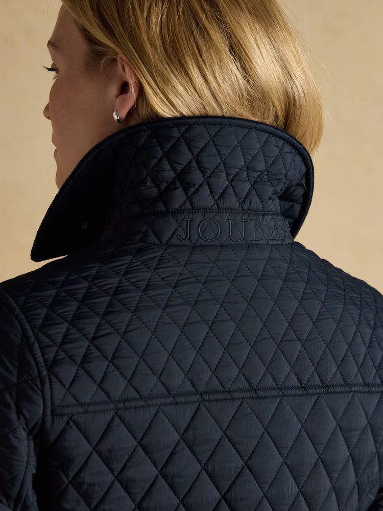 Joules Highclere Navy Quilted Jacket: Showerproof, Diamond Design, Cord Collar. Stylish & Functional Women's Outerwear. Shop Now!
