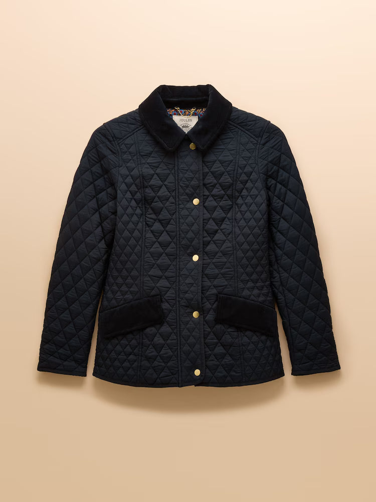 JOULES Jacket: Navy Showerproof Diamond Quilted Jacket with Cord Collar