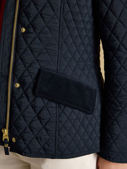 Joules Highclere Navy Showerproof Diamond Quilted Jacket for Women. Cord Collar, Welt Pocket Detail.