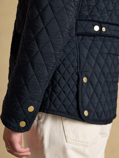 Joules Highclere Navy Quilted Jacket | Showerproof Diamond Quilted Womens Jacket with Gold Buttons