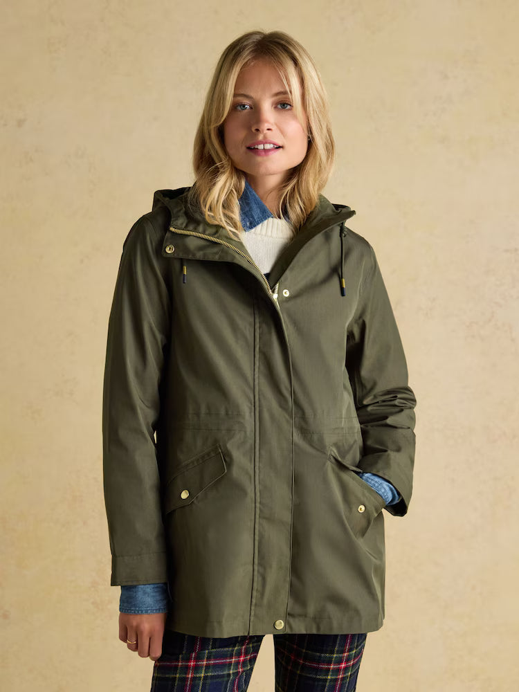 Joules Portwell Green Waterproof Raincoat With Hood and Adjustable Waist