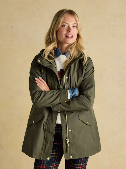 Joules Portwell Green Waterproof Raincoat With Hood and Adjustable Waist