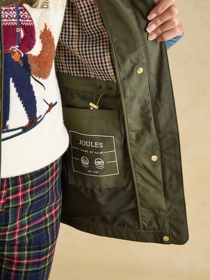 Joules Portwell Green Waterproof Raincoat With Hood and Adjustable Waist